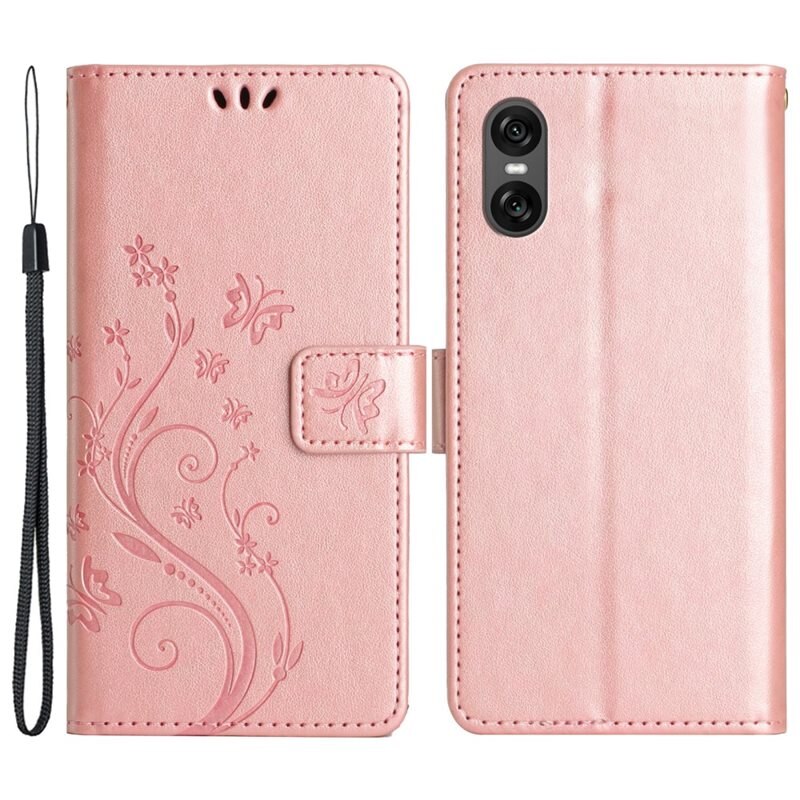 Läderfodral Fjärilar Sony Xperia 10 VI Rosa - Fint plånboksfodral med mönster