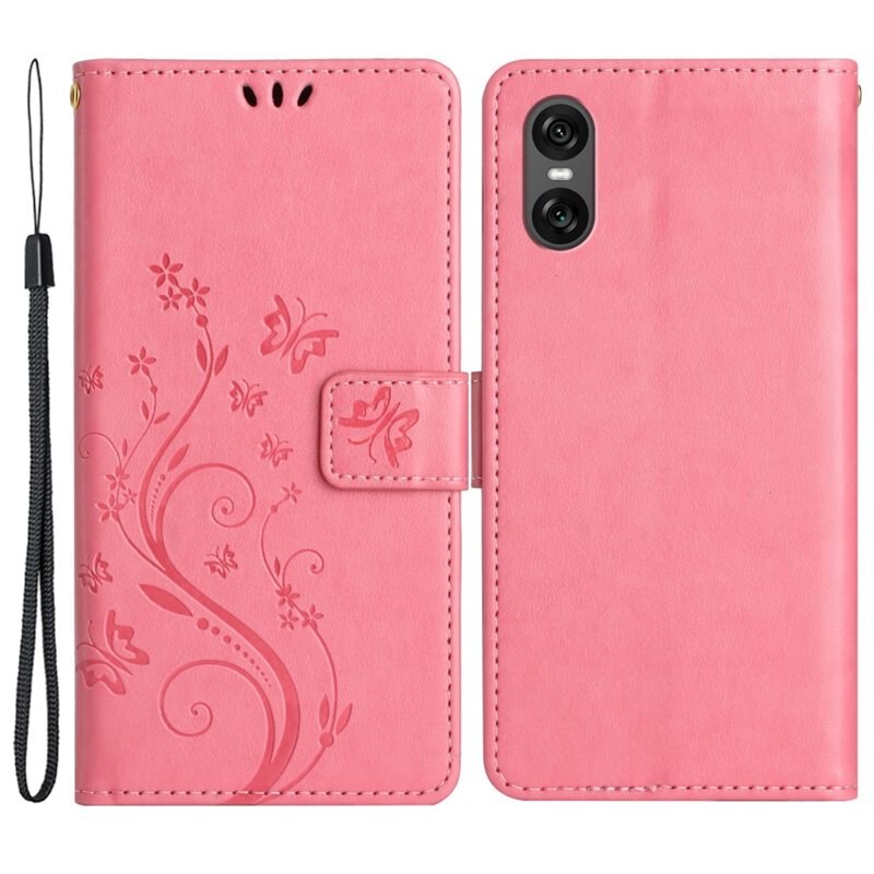 Läderfodral Fjärilar Sony Xperia 10 VI Rosa - Fint plånboksfodral med mönster