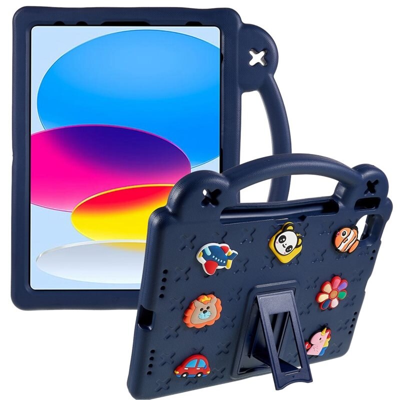 Barnskal med figurer och ställ Apple iPad 11 11th Gen (2025) mörkblå - Skyddande fodral - Perfekt till barn - Inbyggt stöd