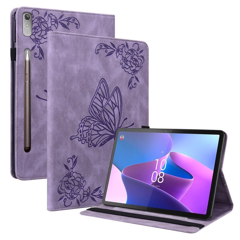 Läderfodral Fjärilar Lenovo Tab P12 Lila - Skyddande fodral i fin design