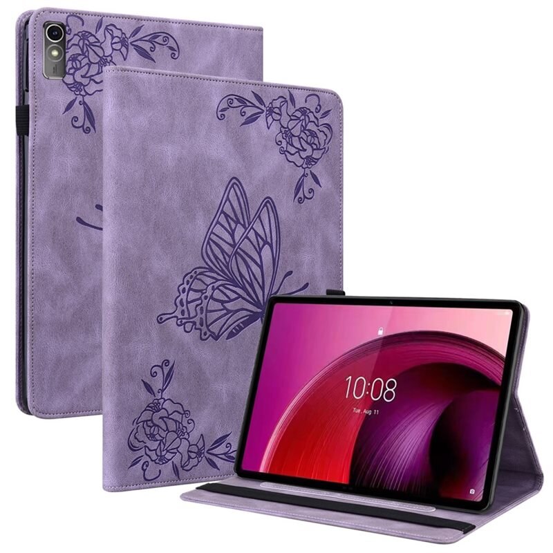 Läderfodral Fjärilar Lenovo Tab M10 5G Lila - Skyddande fodral i fin design