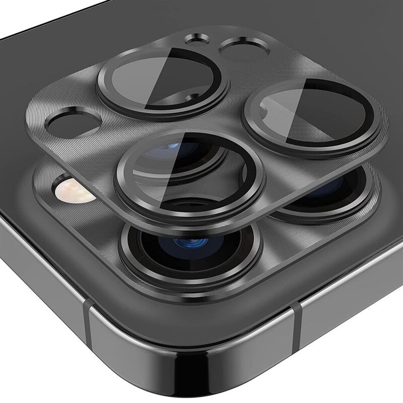Hat Prince Kameraskydd Aluminium + Härdat Glas iPhone 14 Pro Max svart - Färgglatt heltäckande linsskydd