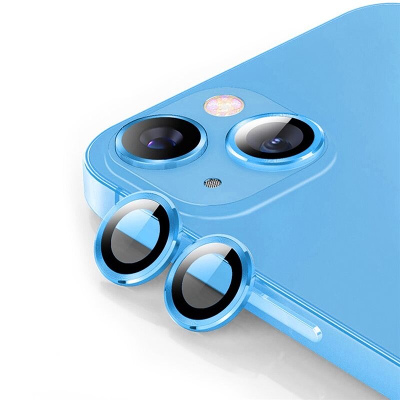 Hat Prince Linsskydd Aluminium + Härdat Glas iPhone 14 blå - Tunna färgglada linsskydd som passar med skal