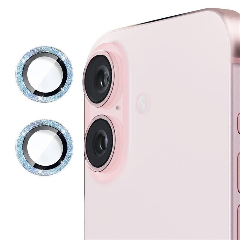 Hat Prince Glitter Linsskydd Aluminium + Glas iPhone 16 Plus ljusblå - Tunna glittriga linsskydd som passar med skal