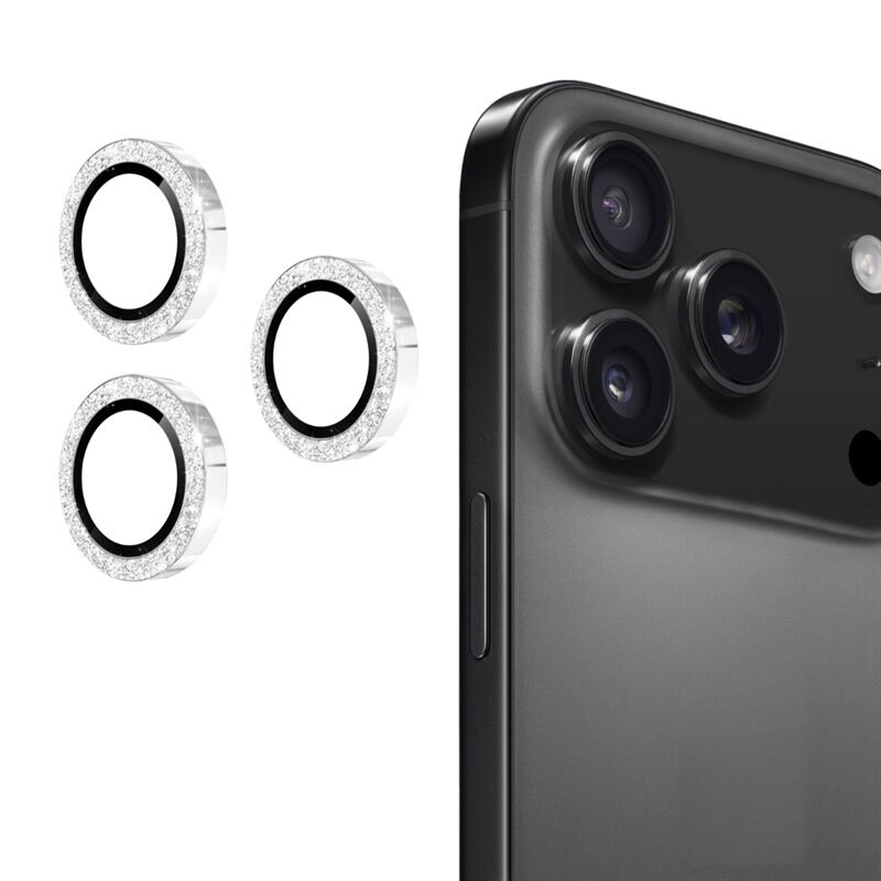 Hat Prince Glitter Linsskydd Aluminium + Glas iPhone 17 Pro Silver - Tunna glittriga linsskydd som passar med skal