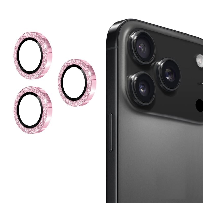 Hat Prince Glitter Linsskydd Aluminium + Glas iPhone 17 Pro Max Rosa - Tunna glittriga linsskydd som passar med skal
