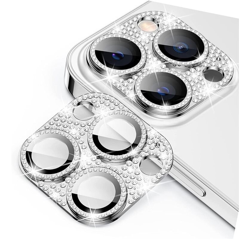 Hat Prince Glitter Kameraskydd Aluminium + Härdat Glas iPhone 15 Pro Max silver - Glittrigt och färgglatt heltäckande linsskydd