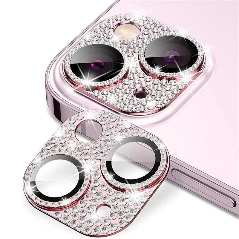 Hat Prince Glitter Kameraskydd Aluminium + Härdat Glas iPhone 15 Plus rosa - Glittrigt och färgglatt heltäckande linsskydd
