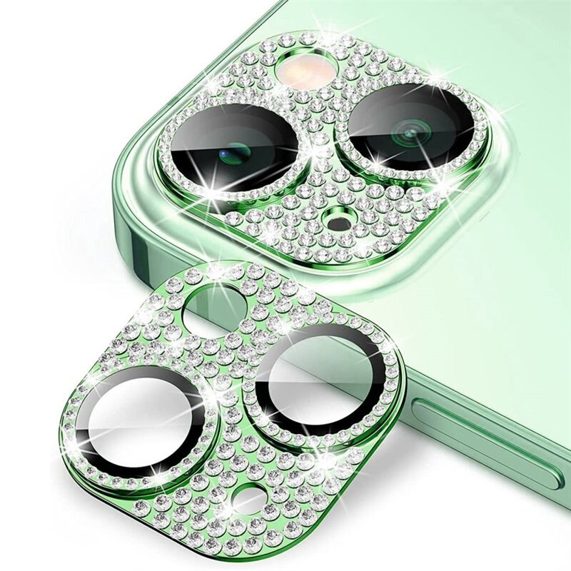 Hat Prince Glitter Kameraskydd Aluminium + Härdat Glas iPhone 15 Plus grön - Glittrigt och färgglatt heltäckande linsskydd