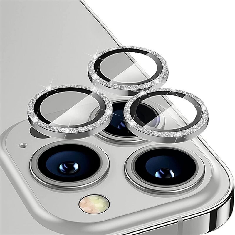 Hat Prince Glitter Linsskydd Aluminium + Glas iPhone 15 Pro silver - Tunna glittriga linsskydd som passar med skal