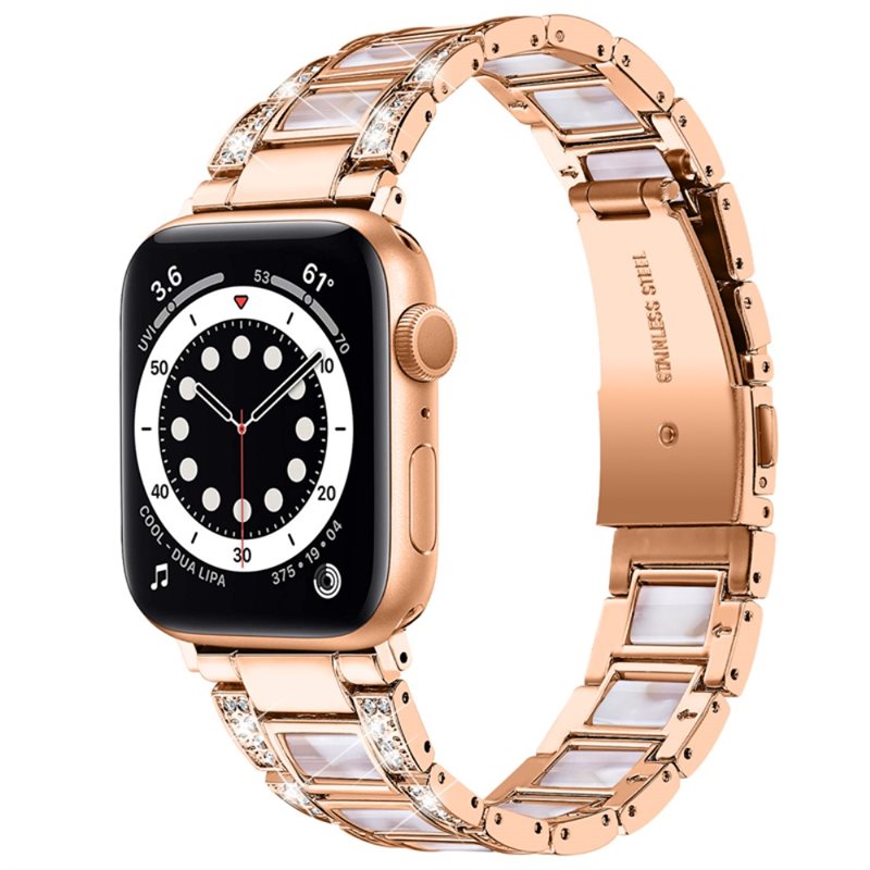Diamond Bracelet Apple Watch 45mm Series 7 Rosegold Pearl - Lyxigt metallarmband av rostfritt stål med diamantliknande stenar