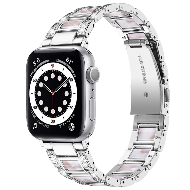 Diamond Bracelet Apple Watch Series 10 42mm Silver Pearl - Lyxigt metallarmband av rostfritt stål med diamantliknande stenar