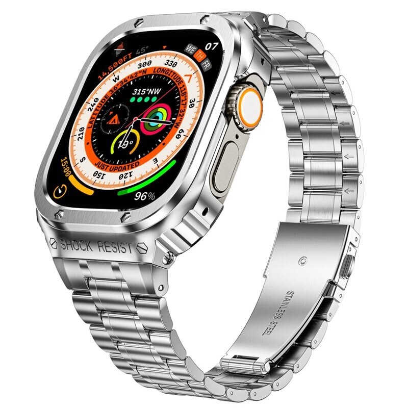 Apple Watch 44mm Full Metal Armband silver - Armband i metall med inbyggt skal