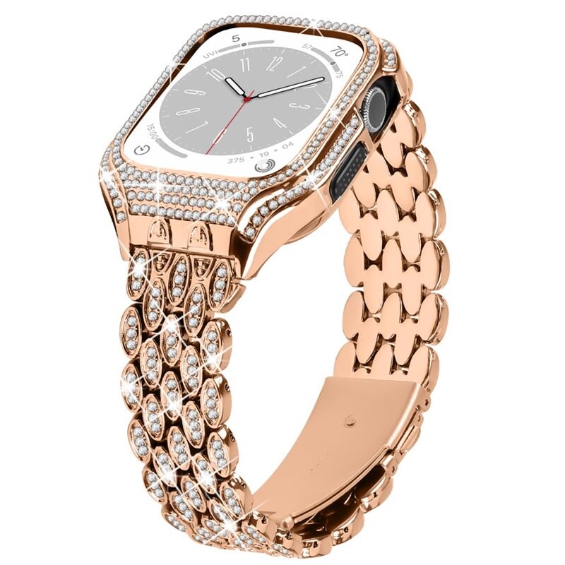 Skal + Metallarmband Rhinestone Apple Watch 41mm Series 8 roséguld - Skal och armband i ett - Snygg design