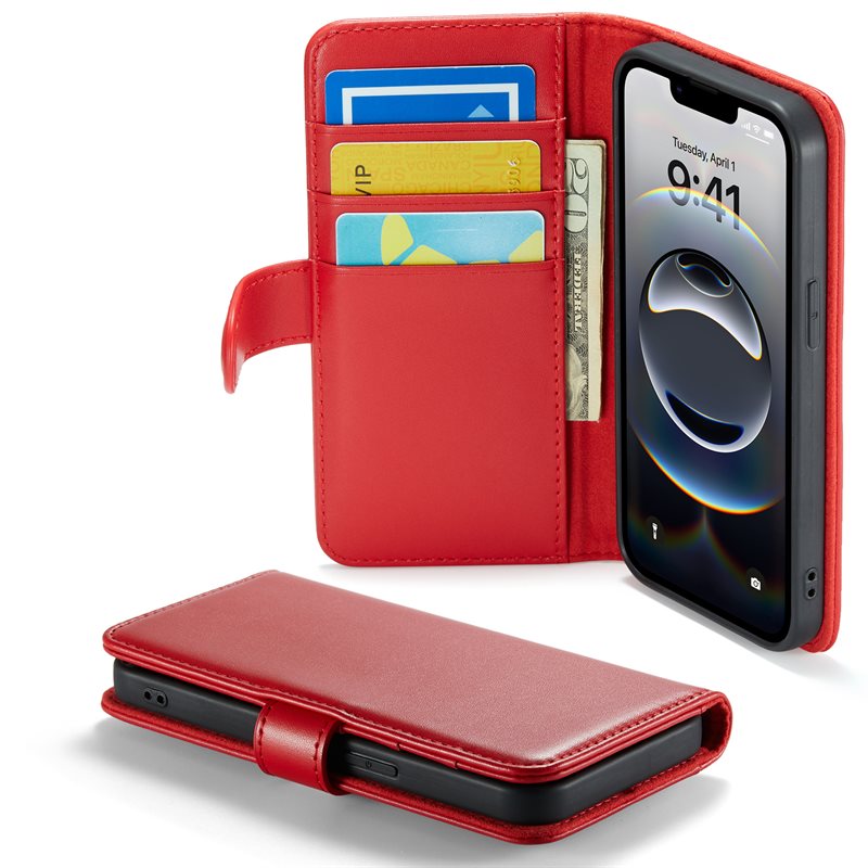 Mobique Äkta Läderfodral iPhone 16e Röd - Stilrent plånboksfodral med plats för sedlar och kort