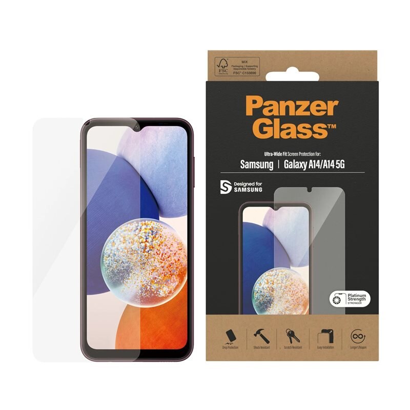 PanzerGlass Samsung Galaxy A14 Skärmskydd Ultra Wide Fit - Skärmskydd med oslagbar kvalitet. Bästa skyddet för skärmen