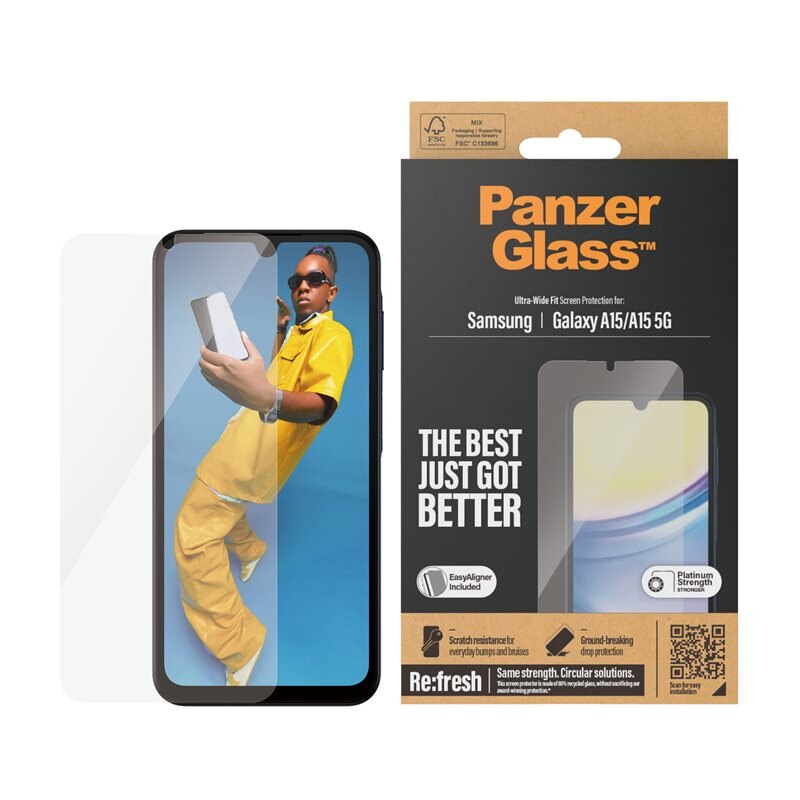 PanzerGlass Samsung Galaxy A15 Screen Protector (with EasyAligner) Ultra Wide Fit - Skärmskydd med oslagbar kvalitet. Med installationsram