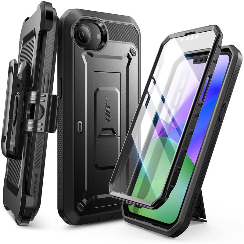 SUPCASE Unicorn Beetle Pro Case iPhone 16e Black - Mobilskal för hantverkare med inbyggt skärmskydd och stöd