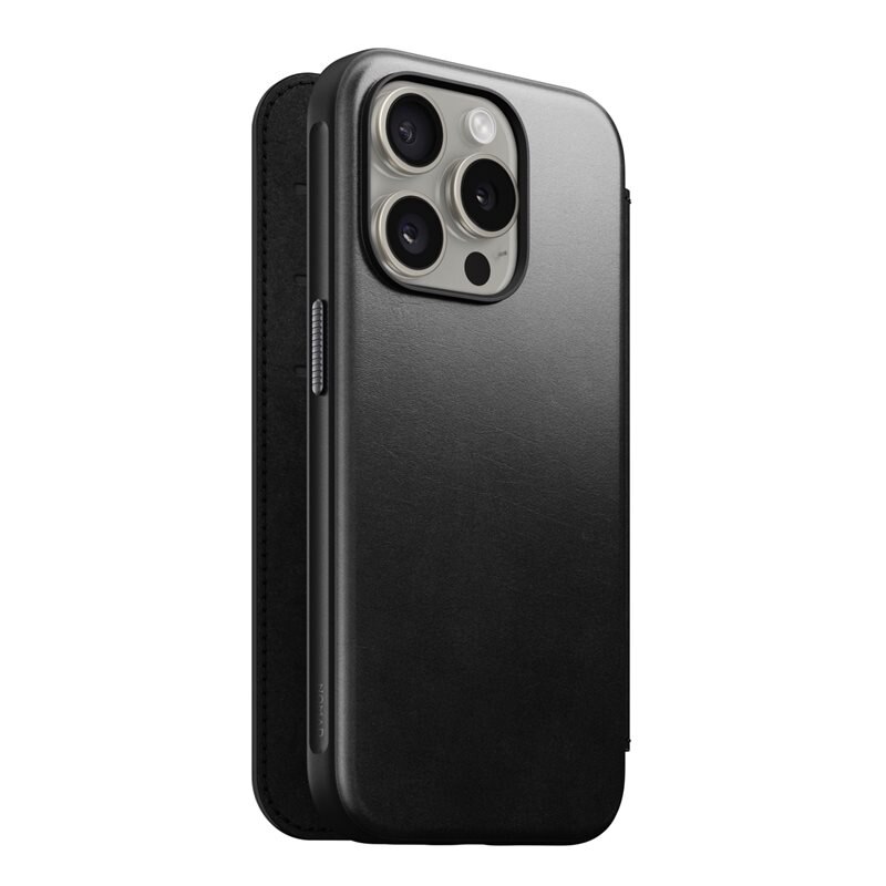 Nomad iPhone 15 Pro Modern Horween Leather Folio MagSafe Black - Lyxigt plånboksfodral i högkvalitativt läder