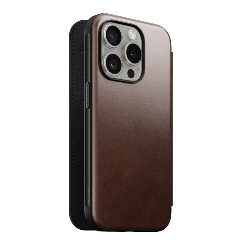 Nomad iPhone 15 Pro Modern Horween Leather Folio MagSafe Rustic Brown - Lyxigt plånboksfodral i högkvalitativt läder