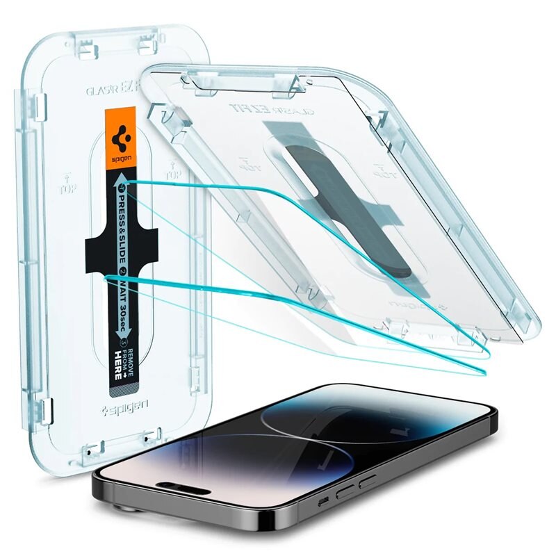 Spigen iPhone 14 Pro Max Skärmskydd GLAS.tR EZ Fit (2-pack) - Skärmskydd i härdat glas med monteringsram