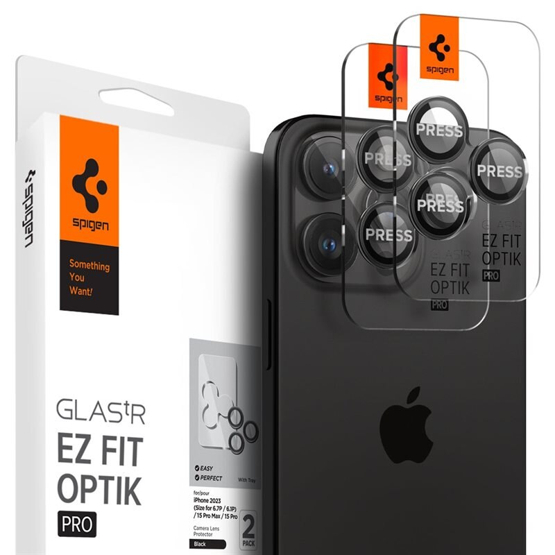 Spigen iPhone 15 Pro EZ Fit Optik Pro Linsskydd (2-pack) Svart - Kameraskydd - Linsskydd - Med monteringsram för enkel installation
