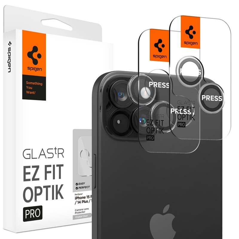 Spigen iPhone 15 EZ Fit Optik Pro Linsskydd (2-pack) Svart - Kameraskydd - Linsskydd - Med monteringsram för enkel installation