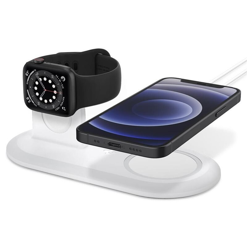 Spigen MagFit Charge Stand Duo White - Laddstation med MagSafe för iPhone och Apple Watch