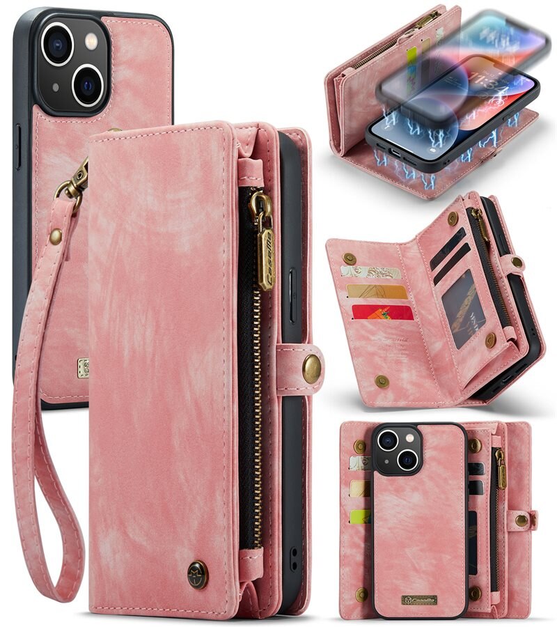 CaseMe Multi-slot Plånboksfodral iPhone 14 Rosa - Mobilfodral med extra många kortplatser - Korthållare