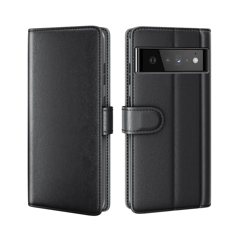 Äkta Läderfodral Google Pixel 6 Svart - Stilrent plånboksfodral med plats för sedlar och kort