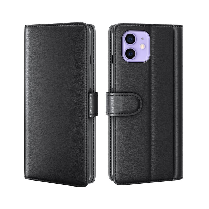 Äkta Läderfodral iPhone 12/iPhone 12 Pro Svart - Stilrent plånboksfodral med plats för sedlar och kort