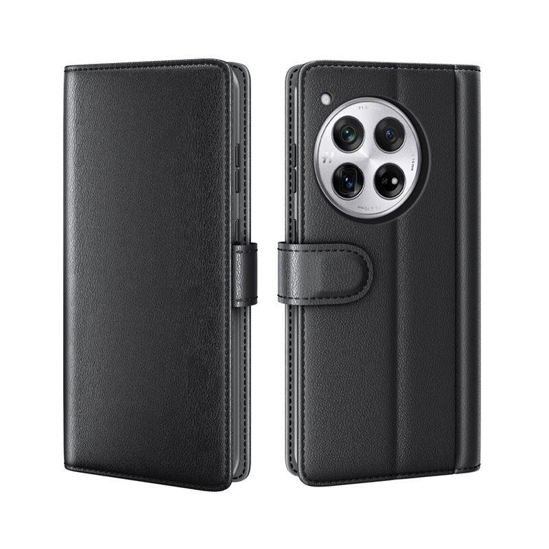 Äkta Läderfodral OnePlus 12 Svart - Stilrent plånboksfodral med plats för sedlar och kort