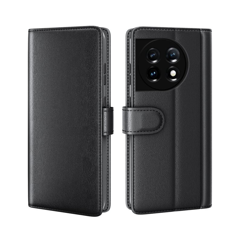 Äkta Läderfodral OnePlus 11 Svart - Stilrent plånboksfodral med plats för sedlar och kort