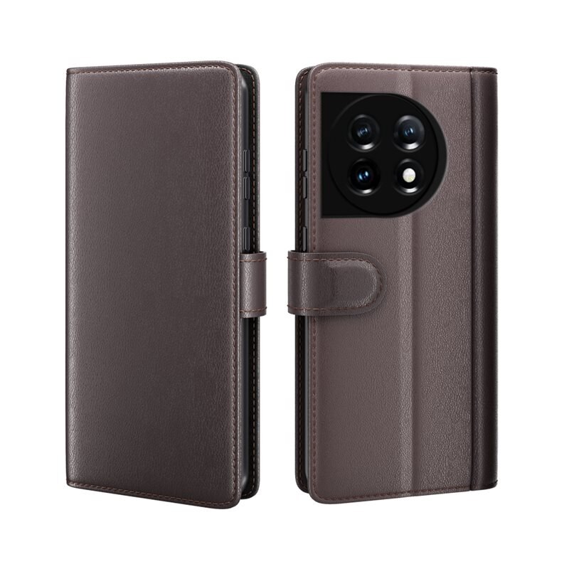 Äkta Läderfodral OnePlus 11 Brun - Stilrent plånboksfodral med plats för sedlar och kort