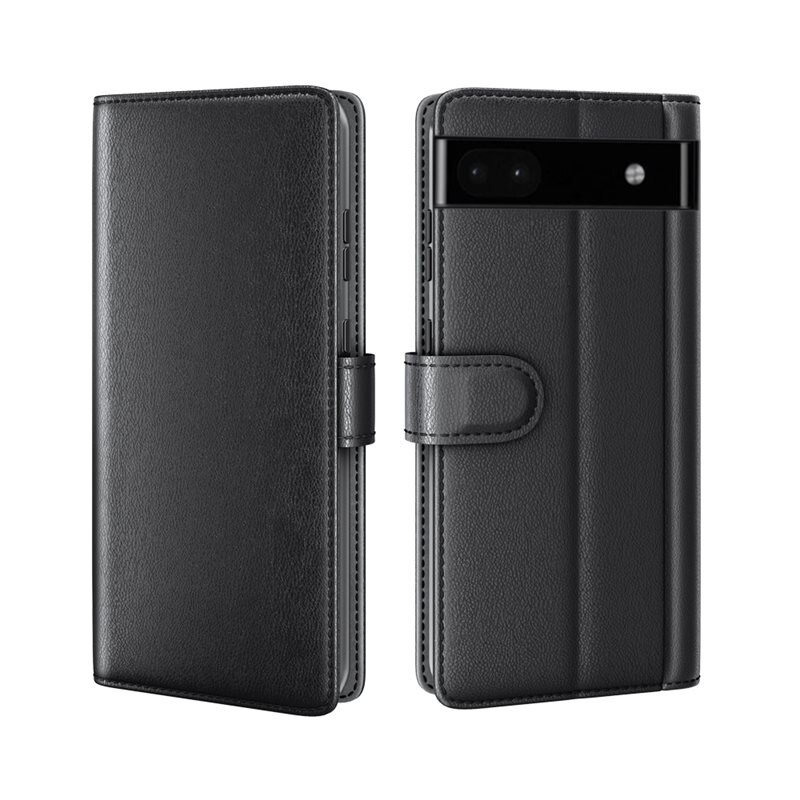 Äkta Läderfodral Google Pixel 6a Svart - Stilrent plånboksfodral med plats för sedlar och kort