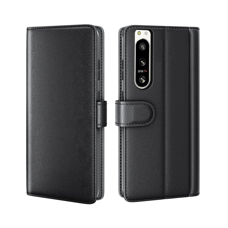 Äkta Läderfodral Sony Xperia 5 IV Svart - Stilrent plånboksfodral med plats för sedlar och kort