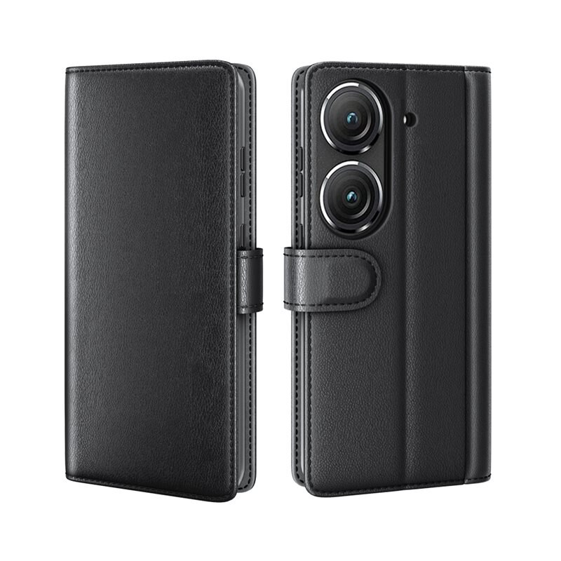 Äkta Läderfodral Asus ZenFone 10 Svart - Stilrent plånboksfodral med plats för sedlar och kort