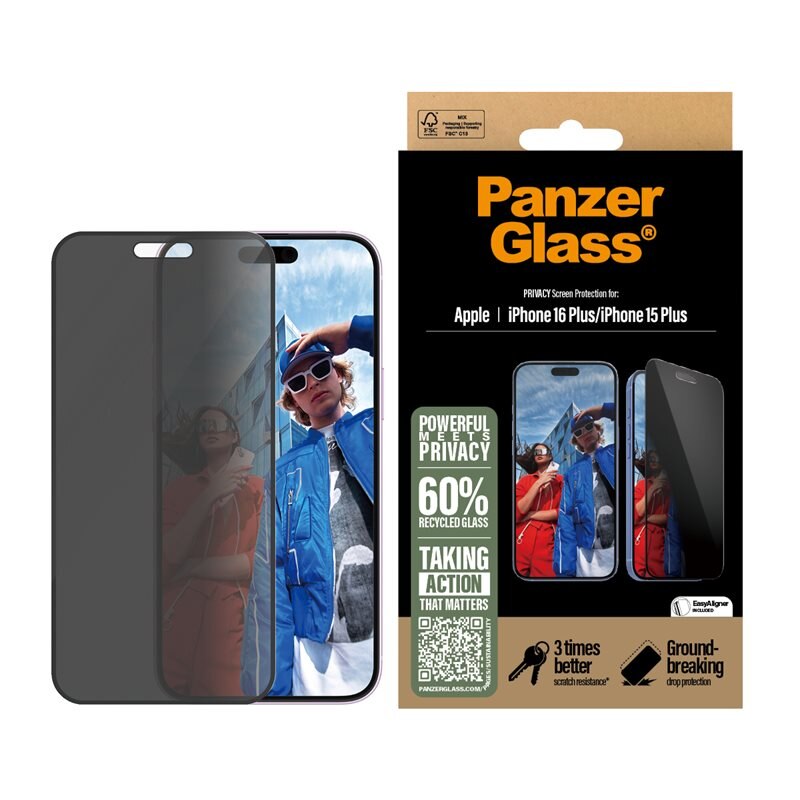 PanzerGlass iPhone 16 Plus Privacy Screen Protector (with EasyAligner) Ultra Wide Fit - Skärmskydd med sekretessfilter - Skydda din integritet