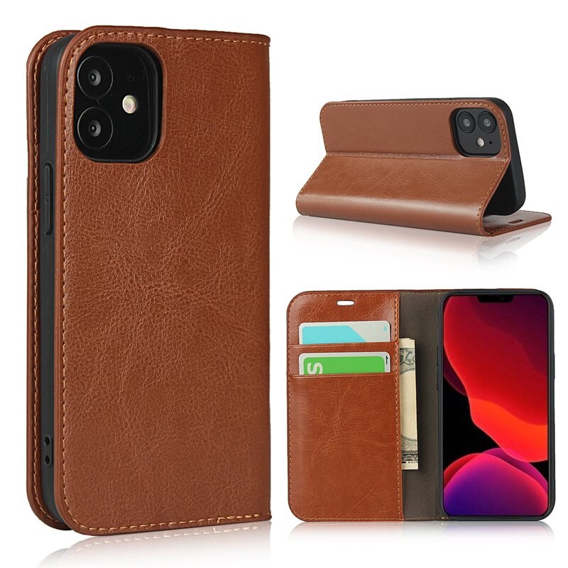Mobilfodral Äkta Läder iPhone Xr Brun - Tunt fodral med kortfack och ställfunktion