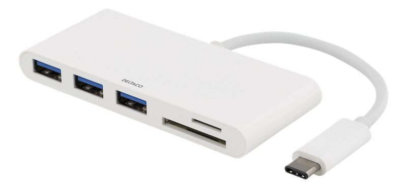 Deltaco USB-C Hubb 3x USB-A + SD/microSD vit