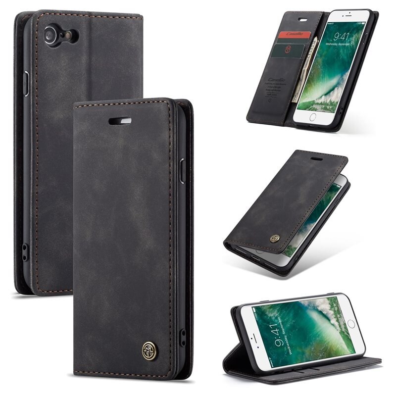 CaseMe Slim Plånboksfodral iPhone 7 Svart - Tunt mobilfodral med plånbok