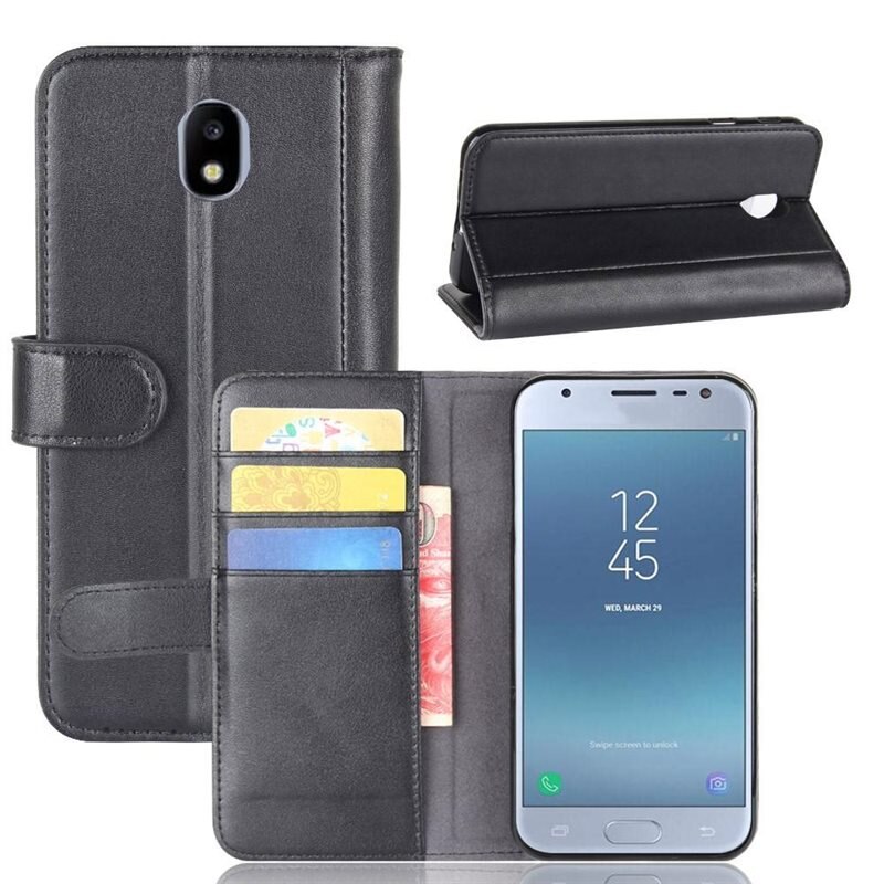 Äkta Läderfodral Samsung Galaxy J3 2017 Svart - Stilrent plånboksfodral med plats för sedlar och kort