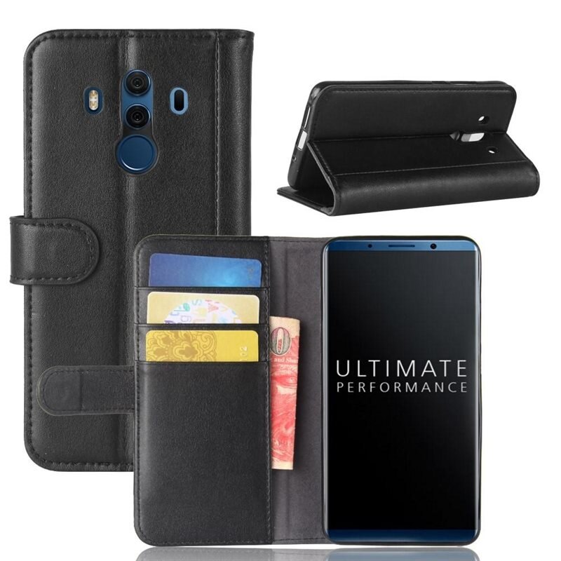 Äkta Läderfodral Huawei Mate 10 Pro Svart - Stilrent plånboksfodral med plats för sedlar och kort