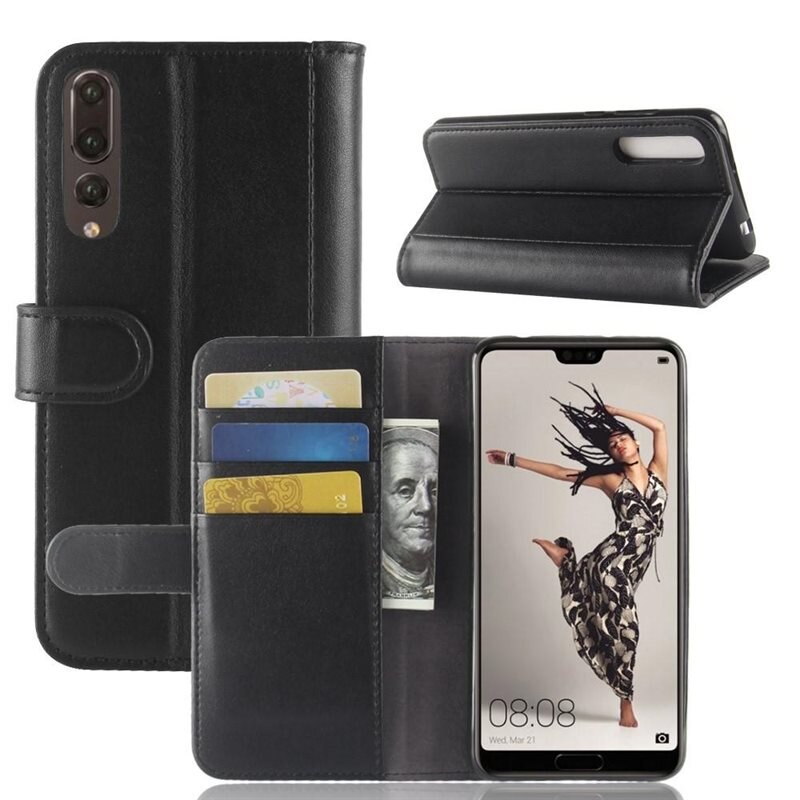 Äkta Läderfodral Huawei P20 Pro Svart - Stilrent plånboksfodral med plats för sedlar och kort