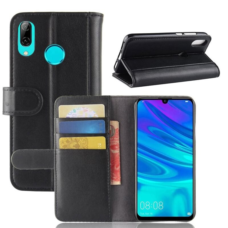 Äkta Läderfodral Huawei P30 Lite Svart - Stilrent plånboksfodral med plats för sedlar och kort