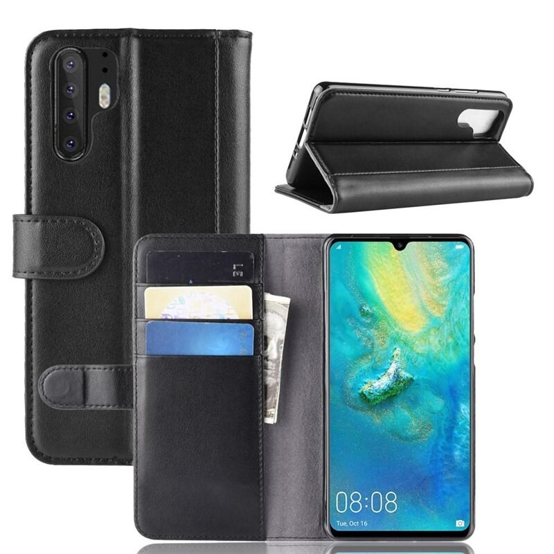 Äkta Läderfodral Huawei P30 Pro Svart - Stilrent plånboksfodral med plats för sedlar och kort