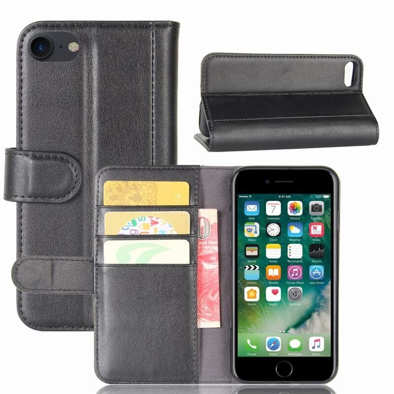 Äkta Läderfodral iPhone 7 Plus/iPhone 8 Plus Svart - Stilrent plånboksfodral med plats för sedlar och kort