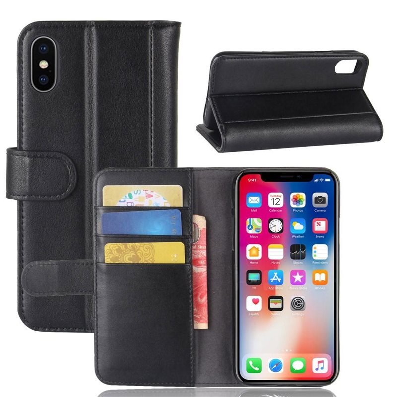 Äkta Läderfodral iPhone X/XS Svart - Stilrent plånboksfodral med plats för sedlar och kort
