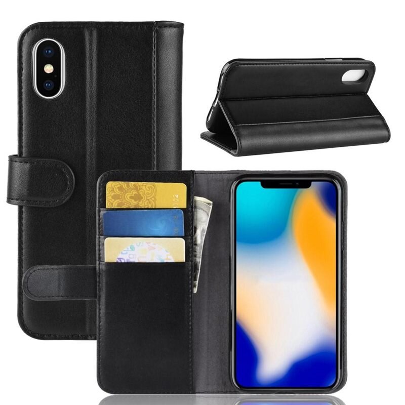 Äkta Läderfodral iPhone Xs Max Svart - Stilrent plånboksfodral med plats för sedlar och kort