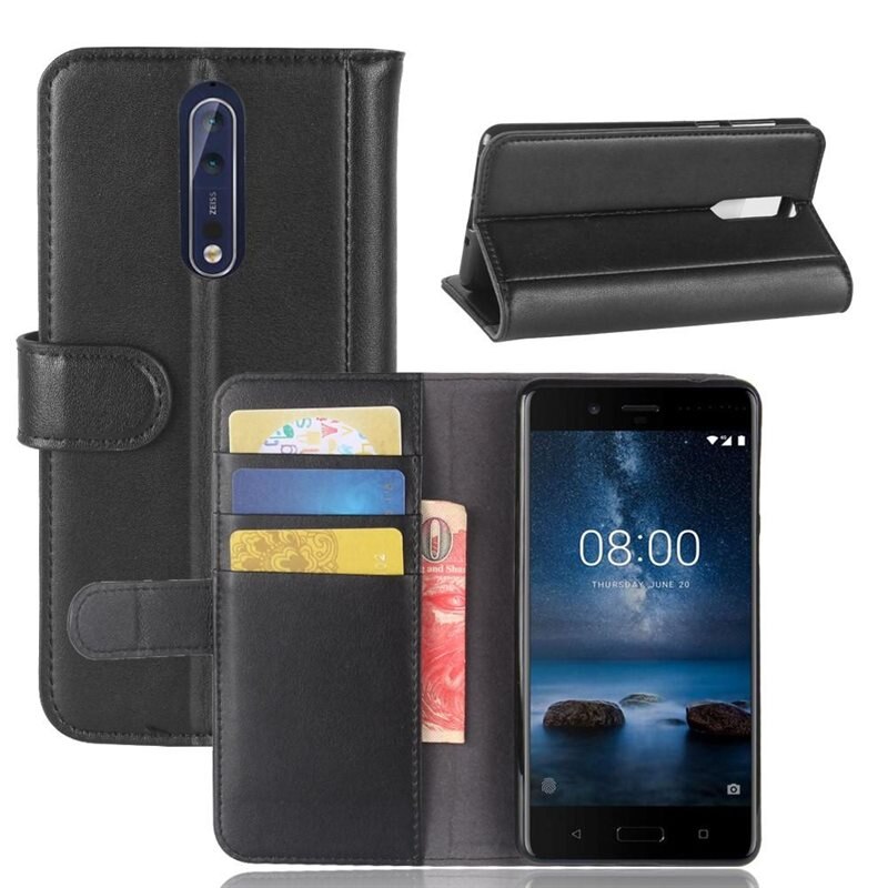 Äkta Läderfodral Nokia 8 Svart - Stilrent plånboksfodral med plats för sedlar och kort